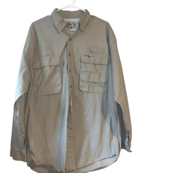 Hook & Tackle Mens Long Sleeve Fishing Shirt L Khaki Cotton Mesh Lining Metso Lo - Picture 1 of 10